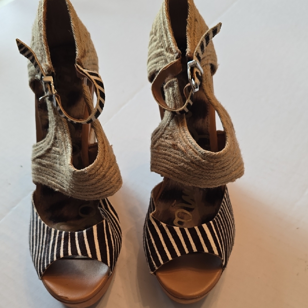 NWOT  Sam Eddleman Platform Calf Skin/ BrownZebra  &JuteStrap/Heel Sz 8.5M $65
